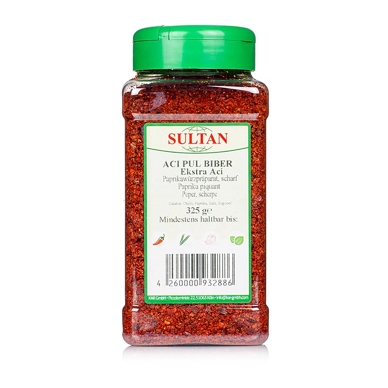 A 325 g container of Pul Biber, Turkse chilikruiden, a flavorful Turkish chili spice blend