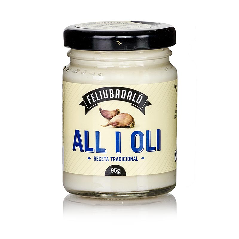 A 95g container of Allioli - Knoflookcrème, a delicious garlic cream made with plant-based oil by Feliubadalo