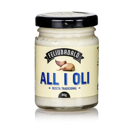 A 95g container of Allioli - Knoflookcrème, a delicious garlic cream made with plant-based oil by Feliubadalo