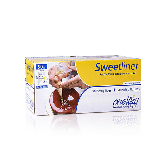 Disposable 22x12cm One Way Sweetliner pastry bag with tips for chocolate, 50 pieces, ideal for professional and home baking use