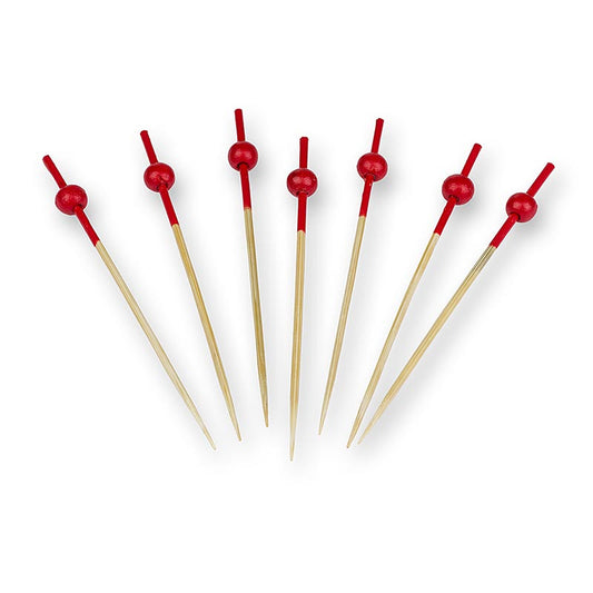 Houten spiesen, met rood gekleurd uiteinde en rode bol, 9 cm, 100 stuks