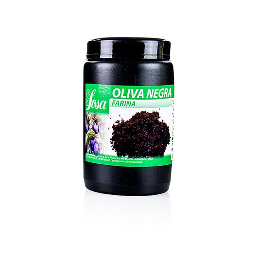 Close-up image of Sosa poeder - Zwarte olijf, gevriesdroogd (38025), 150 g, a high-quality freeze-dried black olive powder in a 150g packaging