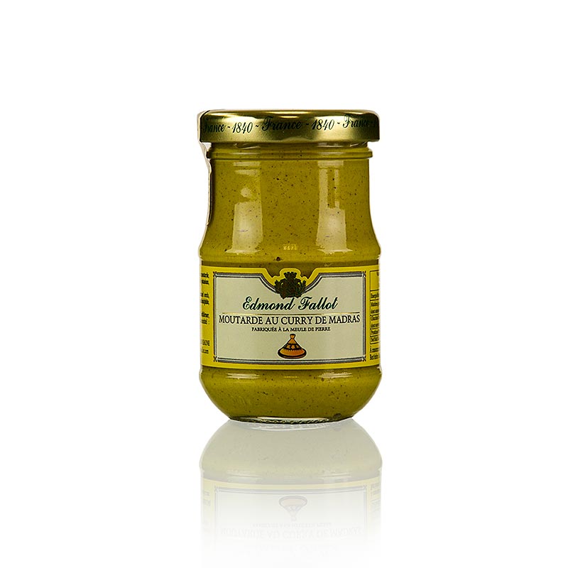 Fallot - Mosterd, fijn, met kerrie madras, heet, 100 ml, a spicy and flavorful mustard condiment in a 100ml container