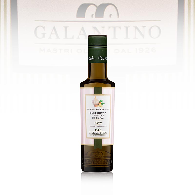 250 ml bottle of Galantino garlic-infused olive oil, perfect for enhancing dishes with rich and savory flavors