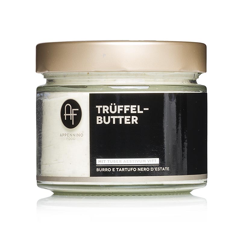 Artisanal truffle butter preparation with summer truffle (BURRO con Tartufo) from Appennino, weighing 250g, displayed in a rustic packaging
