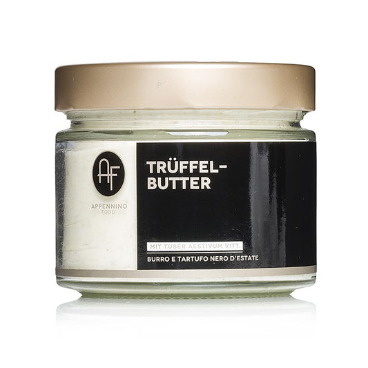 Artisanal truffle butter preparation with summer truffle (BURRO con Tartufo) from Appennino, weighing 250g, displayed in a rustic packaging