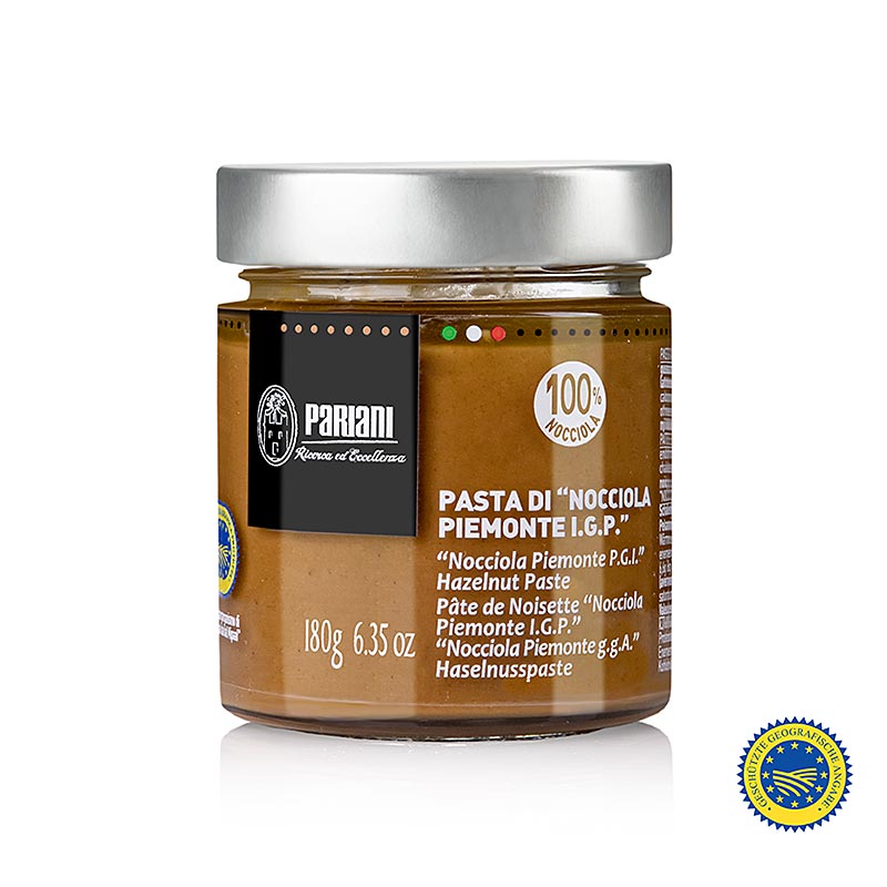 Hazelnootpasta, 100% Piemonte hazelnoten, BGA, Pariani, 180 g - heerlijke en ambachtelijke hazelnootpasta gemaakt van hoogwaardige hazelnoten uit Piemonte, in een verpakking van 180 g van het gerenommeerde merk Pariani