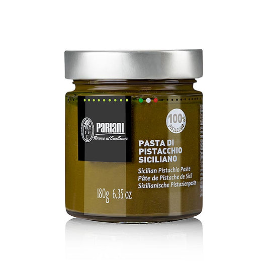 Pistachepasta made with Sicilian pistachios from Pariani, 180g packaging