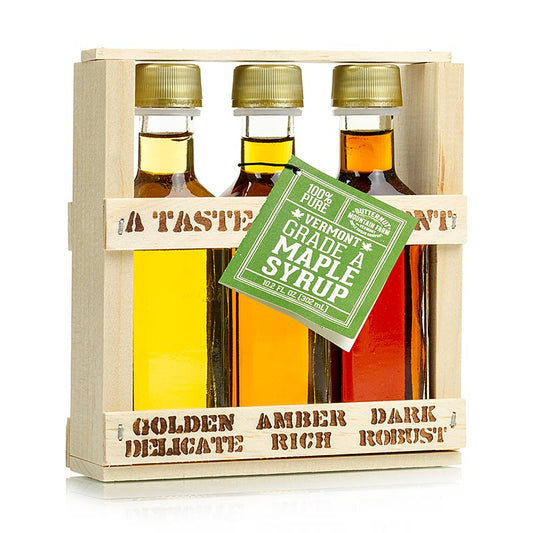 Ahornsiroop testdoos Taste of Vermont (Golden, Amber, Dark), 300 ml, 3 x 100ml - Verpakking met drie flessen ahornsiroop in verschillende smaken
