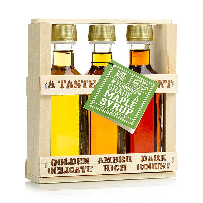 Ahornsiroop proefpakket Taste of Vermont (goudkleurig, amberkleurig, donker), 300 ml, 3 x 100 ml