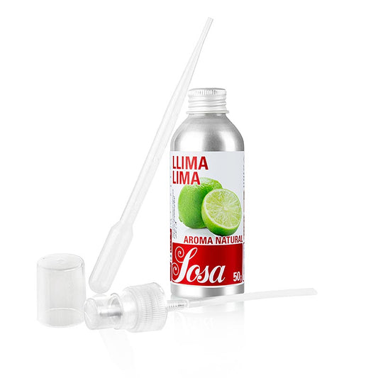 A close-up image of a 50 g bottle of natural liquid lime flavoring