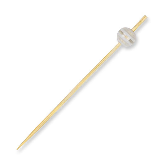 Houten spiesen, met "kristallen bol" transparant/wit gestreept, 9 cm, 100 stuks