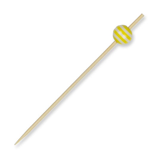 Houten spiesen, met "kristallen bol" geel/wit gestreept, 9 cm, 100 stuks