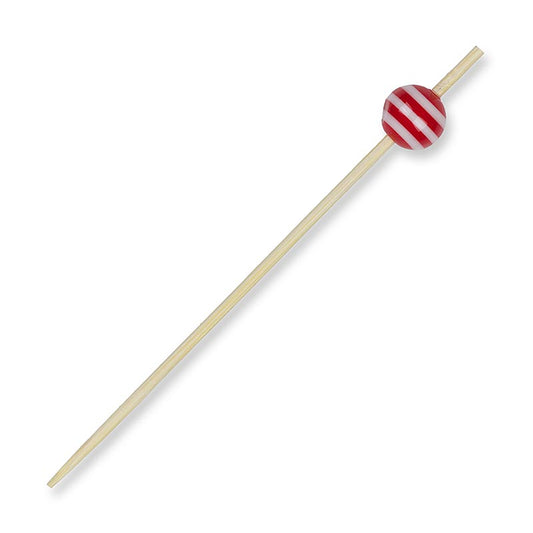 Houten spiesen, met "kristallen bol" rood/wit gestreept, 9 cm, 100 stuks