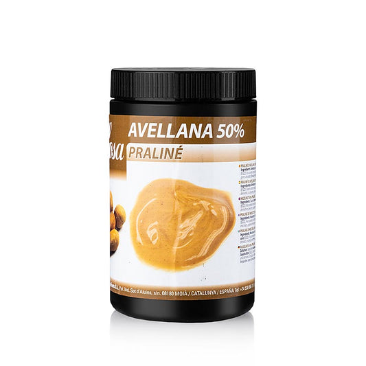 A 12 kg container of Sosa Paste - Hazelnoot, praliné, Spanje, 50% cacao, with added sugar, ideal for creating delicious desserts and confections