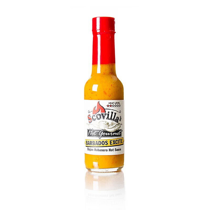A 148 ml bottle of Scovilla Barbados Excite Saus with Habanero Spaanse peper, a hot and spicy Caribbean hot sauce