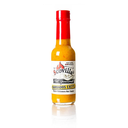 A 148 ml bottle of Scovilla Barbados Excite Saus with Habanero Spaanse peper, a hot and spicy Caribbean hot sauce