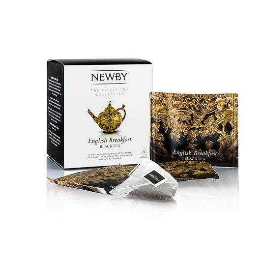 Verpakte doos met 15 zakjes Newby Tea English Breakfast zwarte thee, 37,5 g