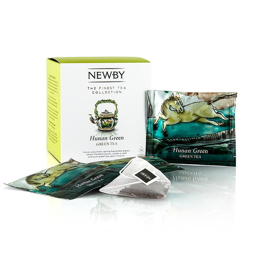Verpakking van 37,5 g Newby Tea Hunan Green, Chinese groene thee, met 15 stukjes, perfect voor een rustgevende en verkwikkende theepauze