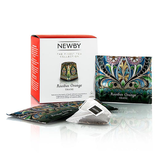 Newby Tea Rooibos & Sinaasappel, a 375g infusie of rooibos tea, 15 tea bags for a refreshing citrus-flavored herbal tea experience