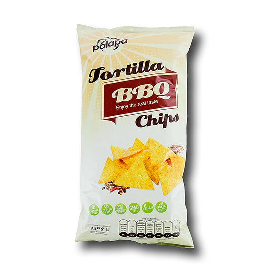 Delicious and crunchy BBQ flavored tortilla chips in a bulk pack of 12 x 450g bags from Sierra Madre, perfect for snacking or serving at parties