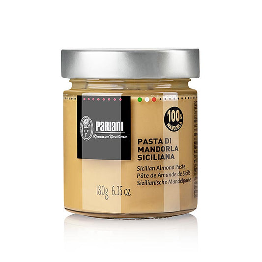 Amandelspijs gemaakt van Siciliaanse amandelen, verpakt in een doosje van Pariani, 180 gram