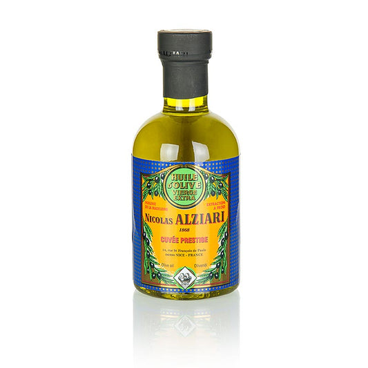 200 ml bottle of Extra Virgin Olive Oil from first pressing, Fruité Douce, mild flavor, by Alziari, ideal for cooking and dressing salads