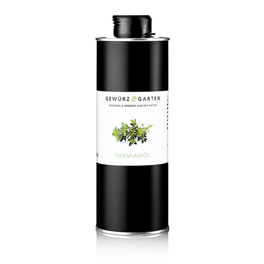 500 ml bottle of Gewürzgarten tijmolie in koolzaadolie, a flavorful and aromatic thyme-infused rapeseed oil