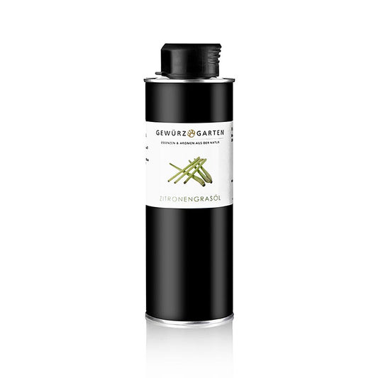 250ml bottle of Gewürzgarten citroengrasolie in koolzaadolie, a fragrant and versatile lemon grass-infused rapeseed oil for cooking and seasoning dishes