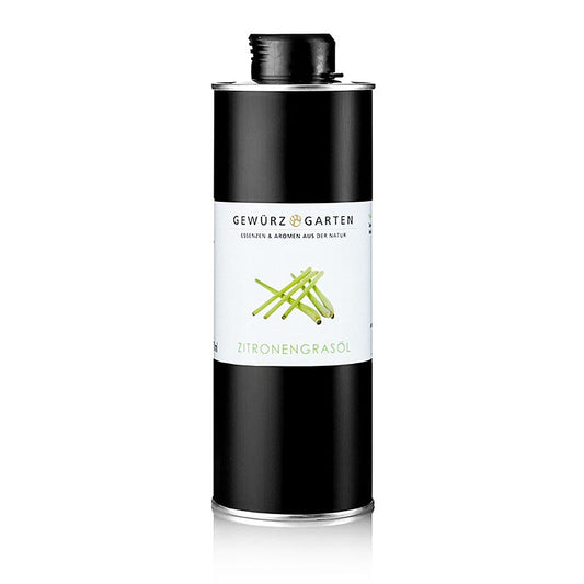 A 500 ml bottle of Gewürzgarten citroengrasolie in koolzaadolie, a lemon grass oil in rapeseed oil, a natural and aromatic product for cooking and flavoring