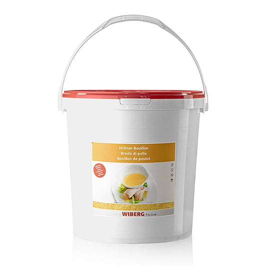 Foto van de verpakking van Wiberg kippenbouillon helder en sterk, geschikt voor 454 liter, 10 kg
