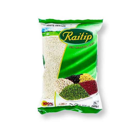 High-quality 500g package of peeled white sesame seeds, perfect for cooking and baking