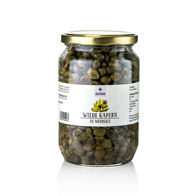 Kappertjes van Anemos, in zeezout geconserveerd, 600 g verpakking van wilde kappertjes
