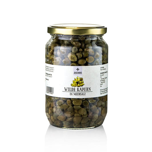 Kappertjes van Anemos, in zeezout geconserveerd, 600 g verpakking van wilde kappertjes