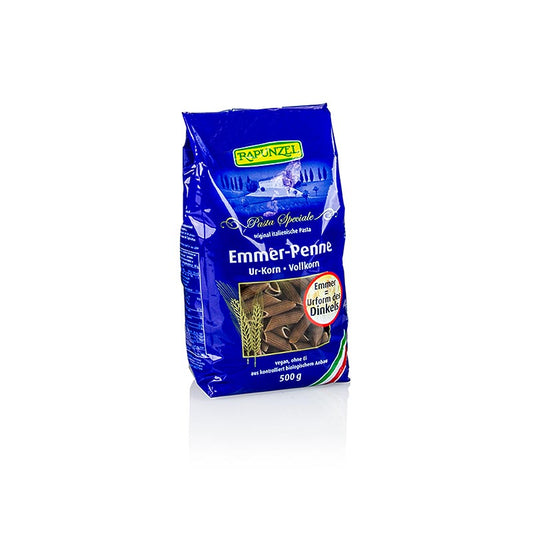 Organic whole grain Rapunzel emmer penne pasta, 500g pack, product image