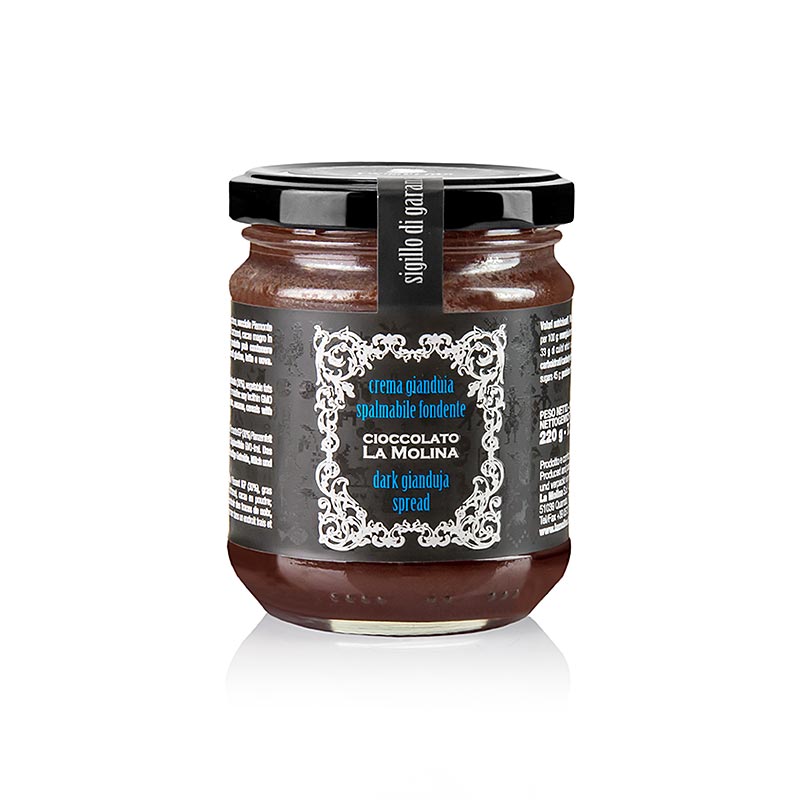 Gianduja nougat crème, donker, La Molina, 220 g - heerlijke Italiaanse chocolade- en hazelnootcrème in een donkere verpakking van 220 gram van La Molina