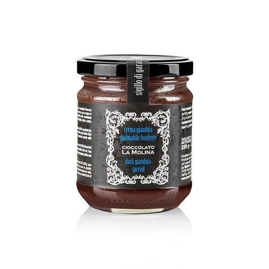 Gianduja nougat crème, donker, La Molina, 220 g - heerlijke Italiaanse chocolade- en hazelnootcrème in een donkere verpakking van 220 gram van La Molina
