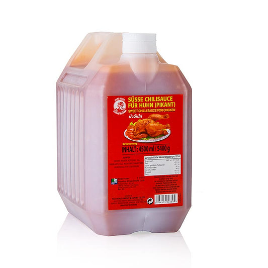 Chilisaus voor gevogelte, Gold Label, Cock Brand, 4,5 l - een grote fles van 4,5 liter van de heerlijke en pittige chilisaus van Cock Brand, perfect voor het kruiden van gevogeltegerechten