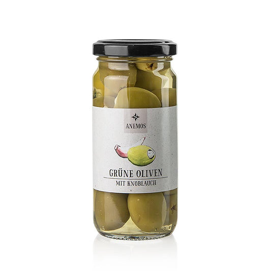 Groene olijven, zonder pit, met knoflook, in pekel, ANEMOS, 227 g