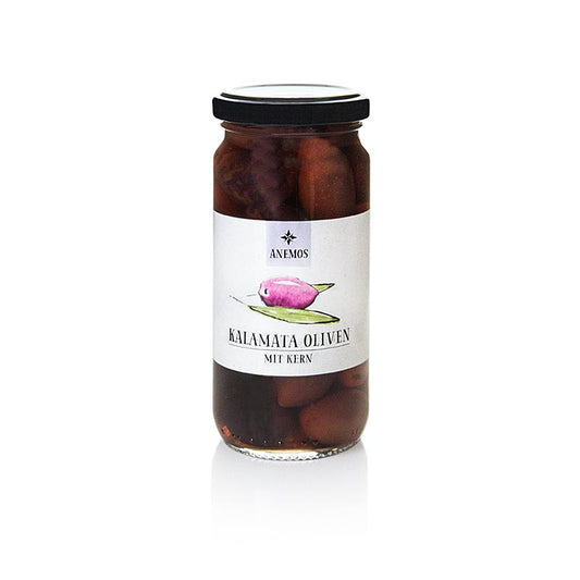 Jar of ANEMOS brand 227g Kalamata olives with pit in brine, Zwarte olijven, product photo