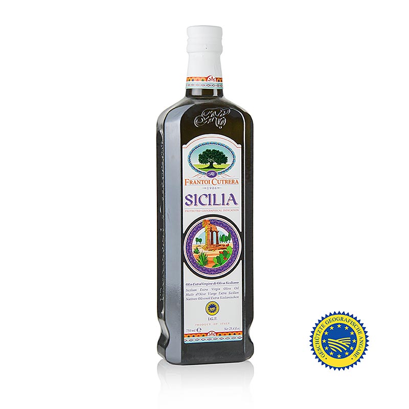 750 ml bottle of Frantoi Cutrera Sicilia IGP/PGI extra virgin olive oil, first cold pressed from Sicily, Italy