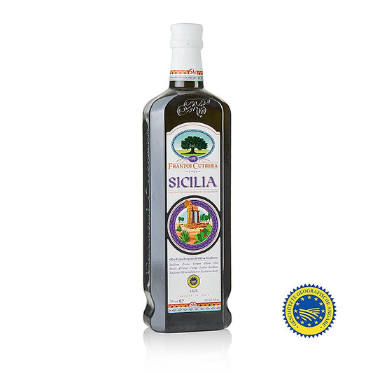 750 ml bottle of Frantoi Cutrera Sicilia IGP/PGI extra virgin olive oil, first cold pressed from Sicily, Italy