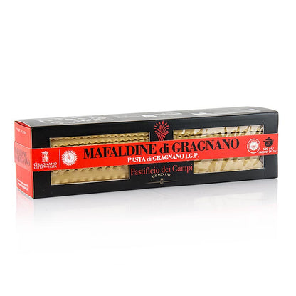 No20 Mafaldine, Pasta di Gragnano, IGP/PDO, 500 g packaging with golden seal and pasta inside 