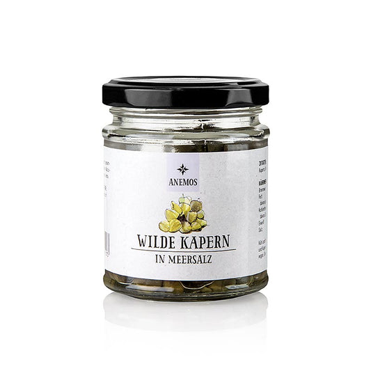 Wilde kappertjes in zeezout by Anemos, a 100g product in a jar