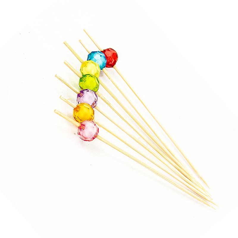 Bamboespiesen, "Pearl", 12 cm, met kleurrijke, heldere, ronde kralen, 40 stuks