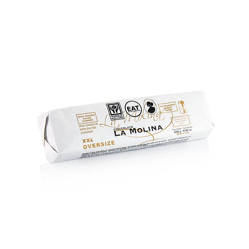 XXL oversized gianduja repen met gezouten amandelen, La Molina, 250 g, rich and creamy chocolate bars with large pieces of salted almonds inside