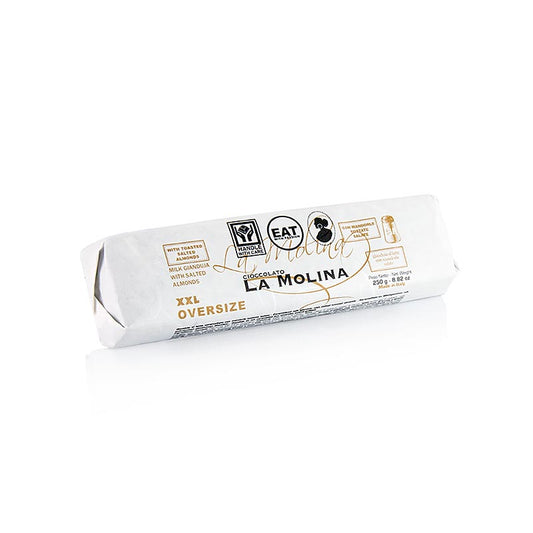 XXL oversized gianduja repen met gezouten amandelen, La Molina, 250 g, rich and creamy chocolate bars with large pieces of salted almonds inside