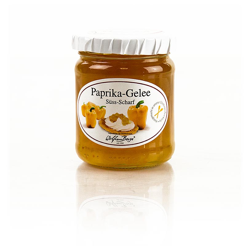 225 g jar of Wolfram Berge Paprikagelei, a sweet and savory yellow pepper spread