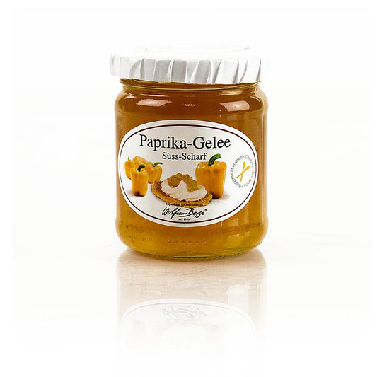 225 g jar of Wolfram Berge Paprikagelei, a sweet and savory yellow pepper spread