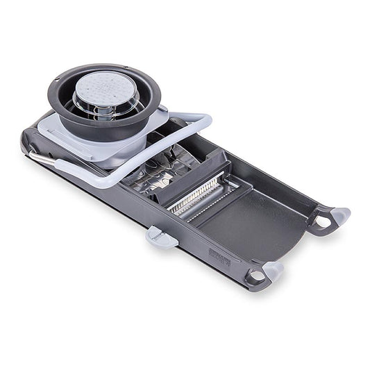 DeBUYER Mandoline Swing Plus in zwart, inclusief 1 horizontaal snijblad en 1 julienne snijblad van 4-10mm, perfect voor het snijden van groenten en fruit